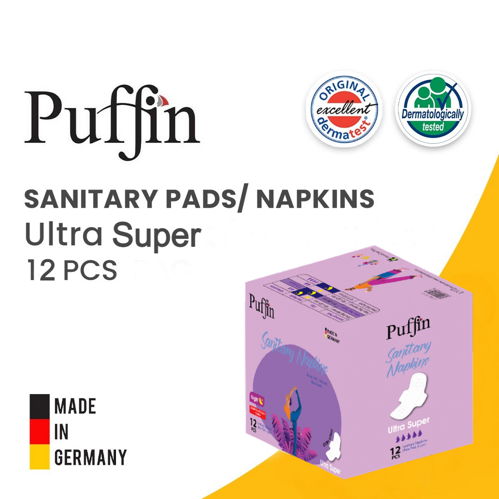 Puffin ULTRA SUPER Sanitary Pads alongside Always sanitary pads for comparison.