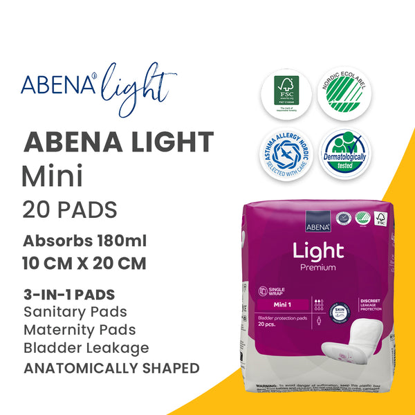 Abena Light MINI 3-in-1 Pads shown with Molped pad price tag for easy reference.