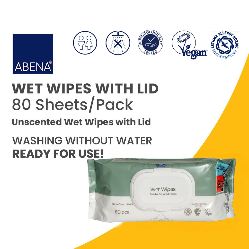 Abena Wet Wipes with Lid Unscented 80 Sheets/Pack - Washing Without Water, Ready for use, 4-in-1 (Clean, Rinse, Dry, Protect)