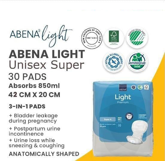 Abena Light UNISEX SUPER 4, 3-in-1 Sanitary Pads, Maternity & Bladder Leakage Pads 30 Pcs