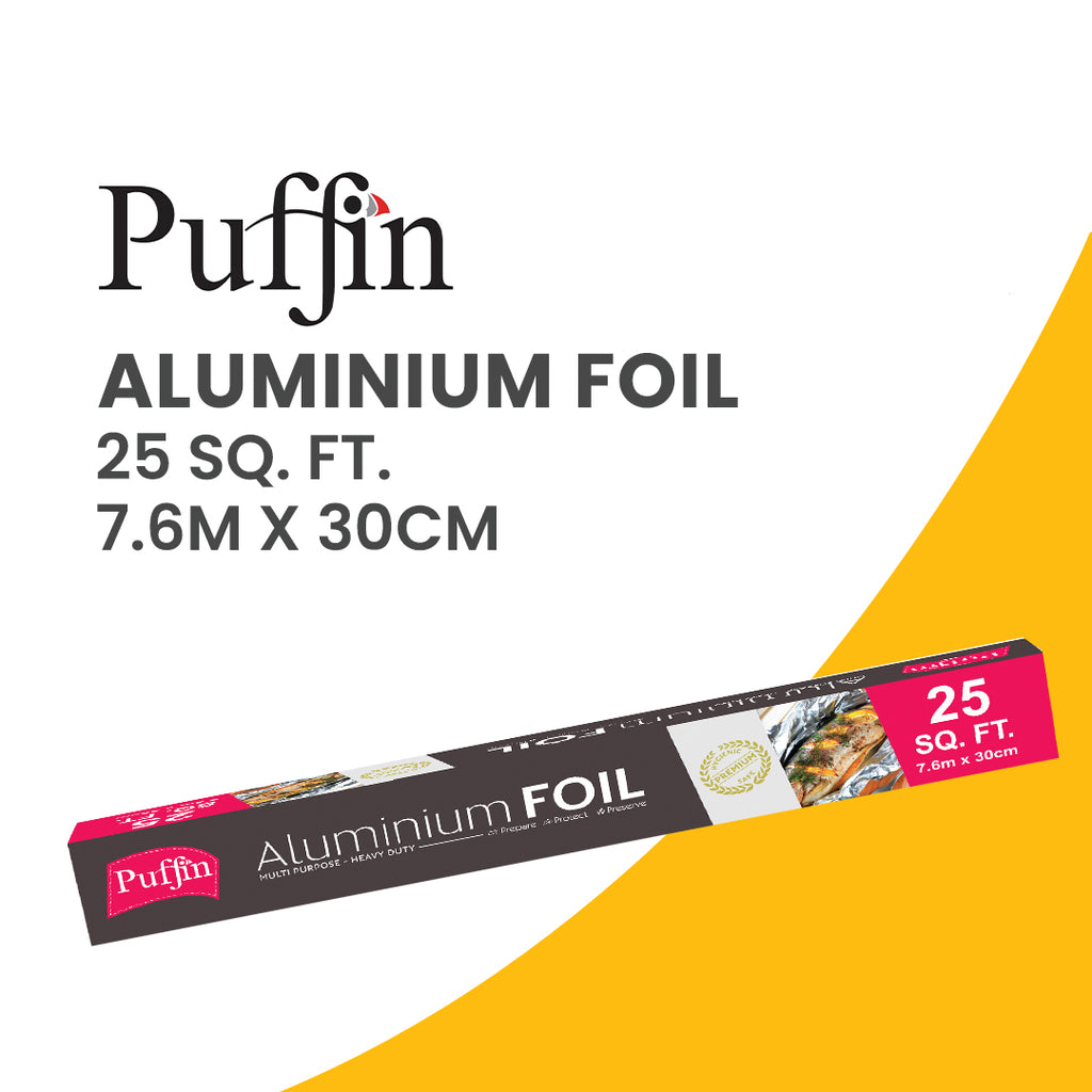 Shiny surface of Puffin Aluminium Foil 25 Sq.Ft alongside diamond aluminium foil, designed for premium kitchen use.