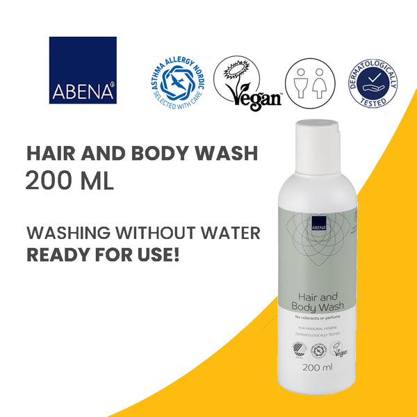 Abena Hair and Body Wash 200 ml - Washing without Water, Ready for Use, 4-in-1 (Clean, Rinse, Dry, Protect)