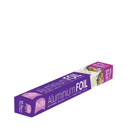 Price tag on Puffin Aluminium FOIL 37.5 Sq.Ft. indicating competitive aluminium foil price.