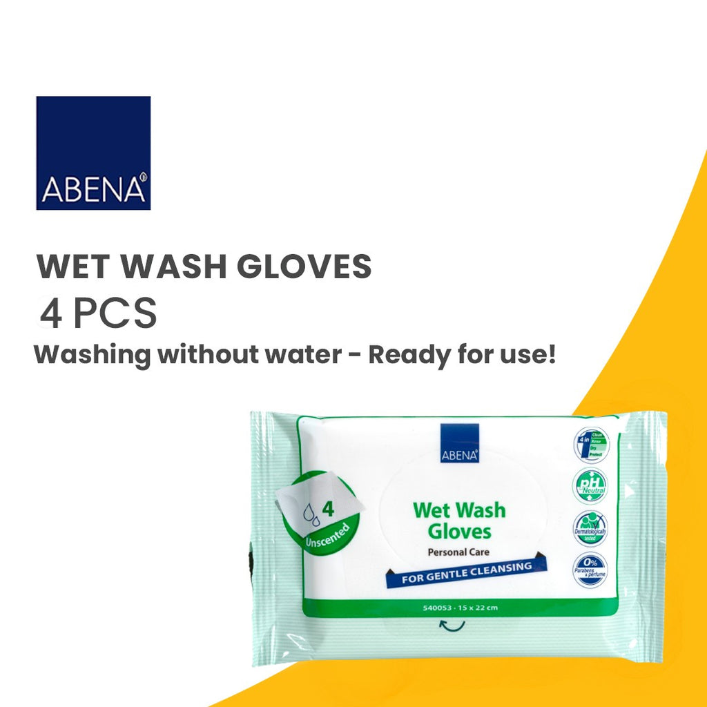 Abena Wet Wash Gloves 4 Pcs/ Packet  - Washing without Water, Ready for use, 4-in-1 (Clean, Rinse, Dry, Protect)