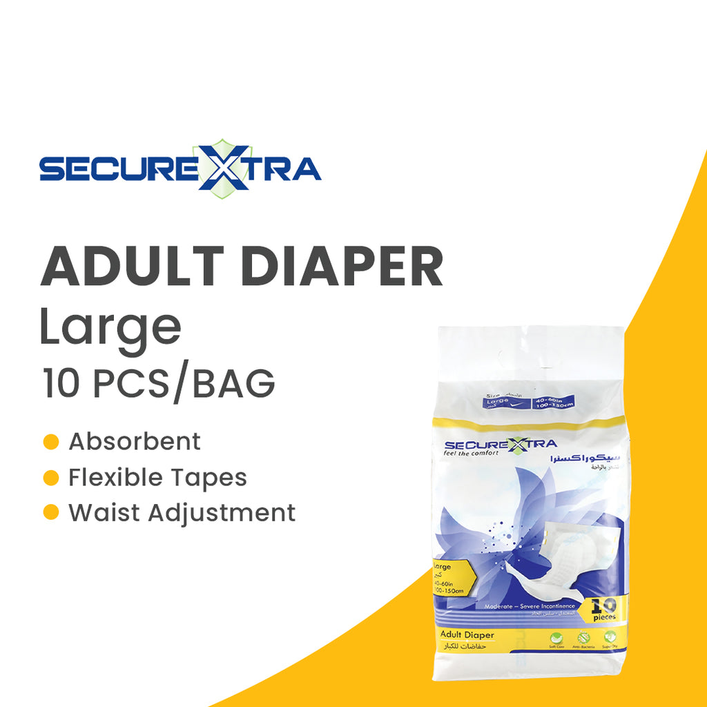 SecureXtra Adult Diaper Large 10 Pcs are designed with the adult user in mind, featuring tailored solutions for those needing adult incontinence products, senior diapers