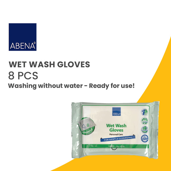Abena Wet Wash Gloves 8 Pcs  - Washing without Water, Ready for use, 4-in-1 (Clean, Rinse, Dry, Protect)